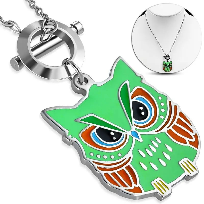 Collier en acier avec pendentif hibou vert