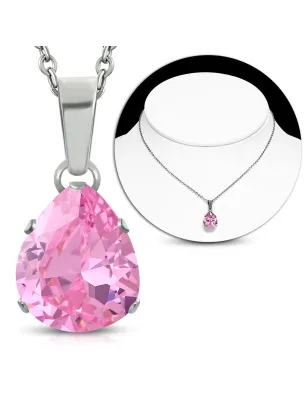 Collier en acier avec pendentif larme zircon rose