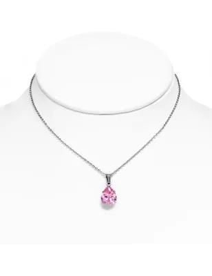 Collier en acier avec pendentif larme zircon rose