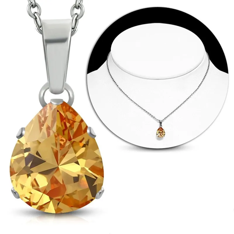 Collier en acier avec pendentif larme zircon topaze