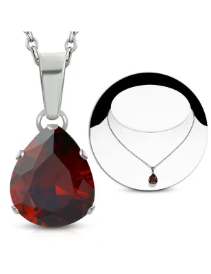 Collier en acier avec pendentif larme zircon rouge