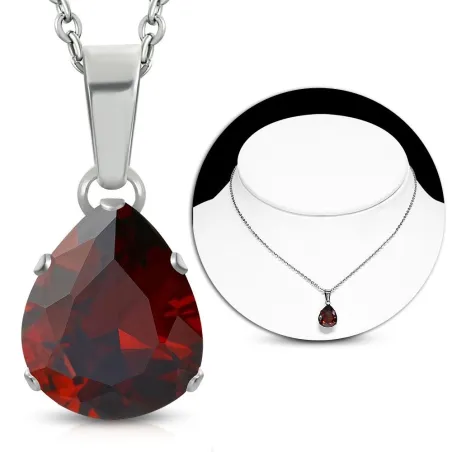 Collier en acier avec pendentif larme zircon rouge