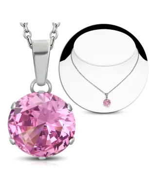 Collier en acier avec pendentif rond zirconium rose