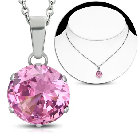 Collier en acier avec pendentif rond zirconium rose