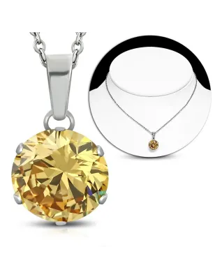 Collier en acier avec pendentif rond zirconium topaze