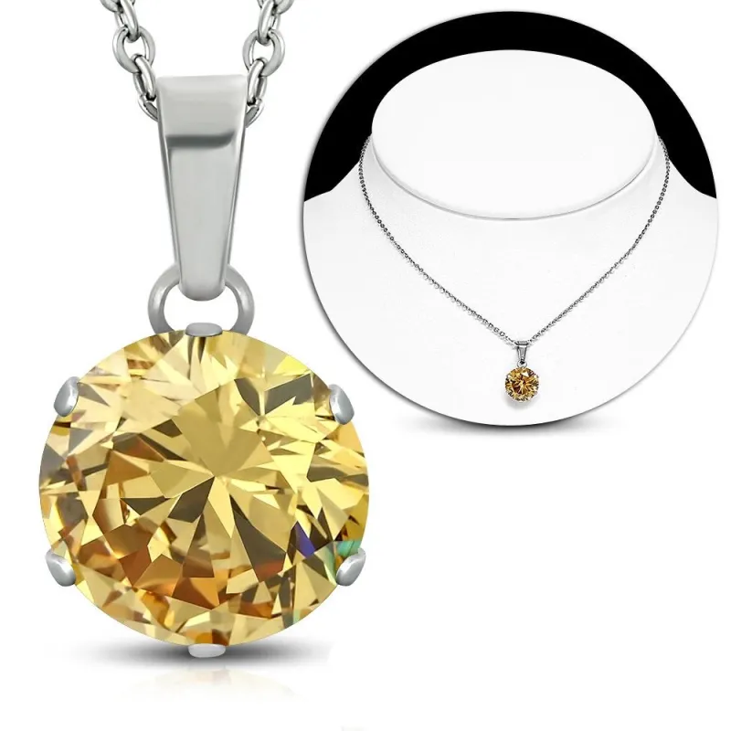 Collier en acier avec pendentif rond zirconium topaze