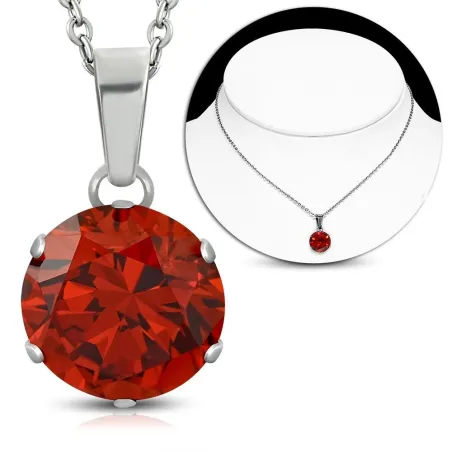 Collier en acier avec pendentif rond zirconium rouge