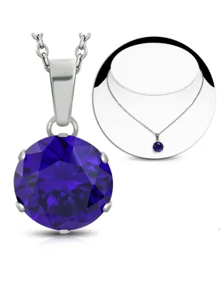 Collier en acier avec pendentif rond zirconium violet