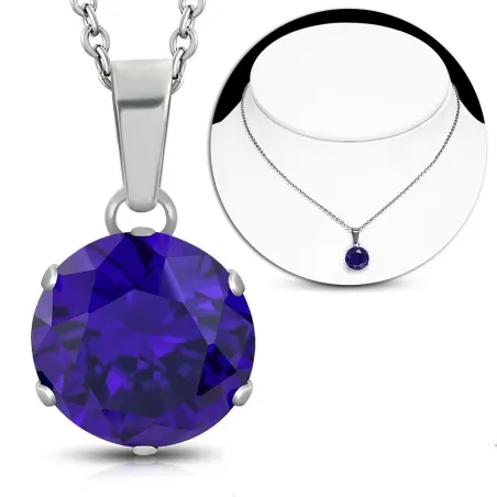 Collier en acier avec pendentif rond zirconium violet