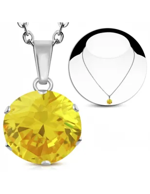 Collier en acier avec pendentif rond zirconium jaune