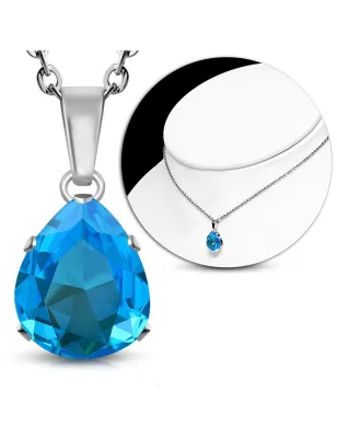 Collier en acier avec pendentif larme zircon turquoise