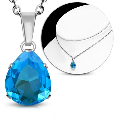 Collier en acier avec pendentif larme zircon turquoise