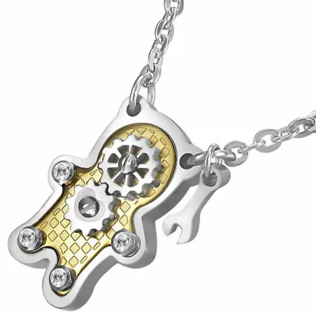 Collier en acier avec pendentif ourson mécanique doré