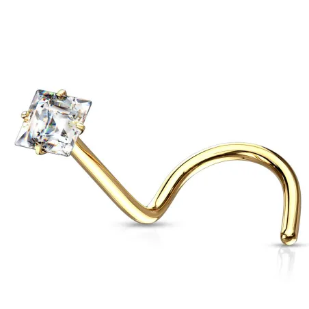 Piercing nez doré tige tire-bouchon zircon carré blanc