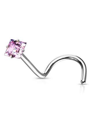 Piercing nez tige tire-bouchon zircon carré rose