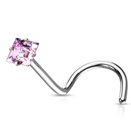 Piercing nez tige tire-bouchon zircon carré rose