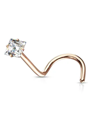 Piercing nez rosé tige tire-bouchon zircon carré blanc