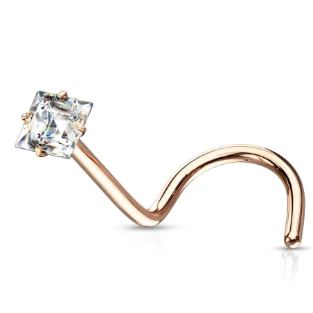 Piercing nez rosé tige tire-bouchon zircon carré blanc