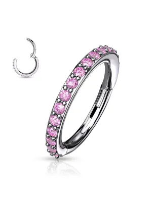 Piercing oreille anneau à charnière serti de strass rose