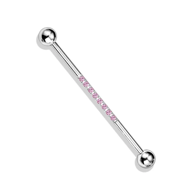 Piercing industriel oreille en acier ligne de strass rose