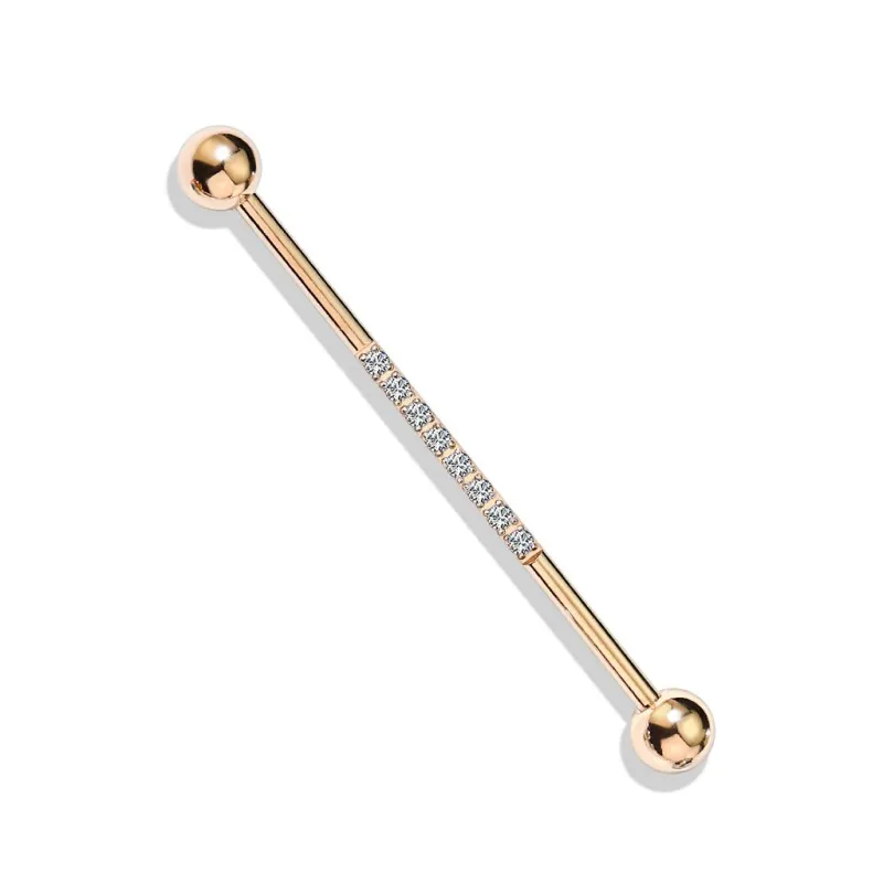 Piercing industriel oreille en acier rosé ligne de strass blanc