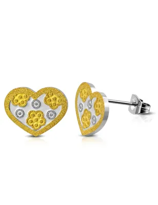 Paire Boucles d'oreille acier inoxydable coeur bicolore motif floral