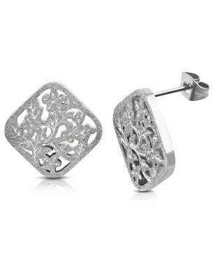 Paire Boucles d'oreille acier inoxydable losange fleurs de vigne