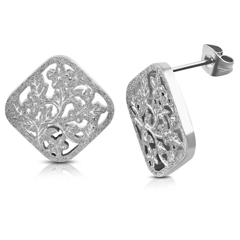 Paire Boucles d'oreille acier inoxydable losange fleurs de vigne