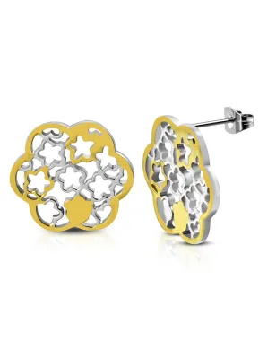 Paire Boucles d'oreille acier inoxydable fleur motif découpe bicolore