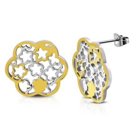 Paire Boucles d'oreille acier inoxydable fleur motif découpe bicolore