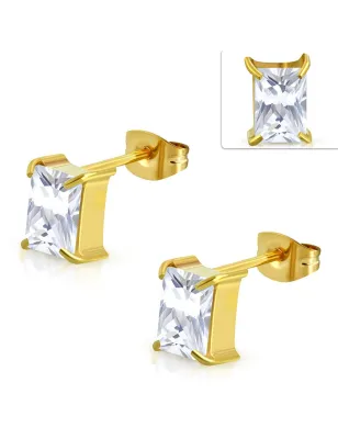 Paire Boucles d'oreille acier inoxydable doré zircon rectangulaire