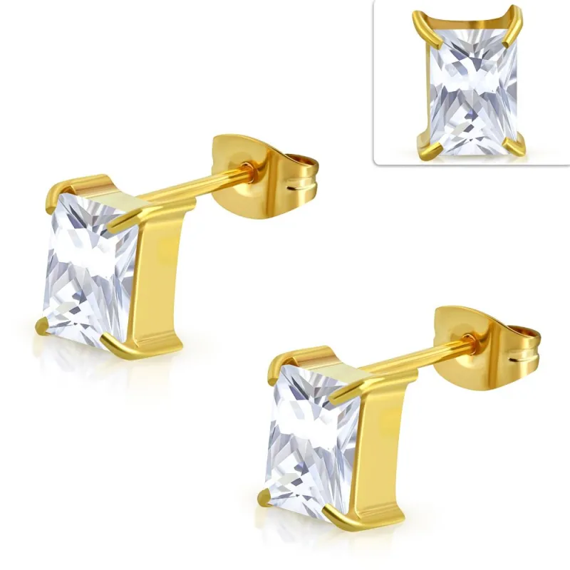 Paire Boucles d'oreille acier inoxydable doré zircon rectangulaire