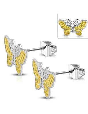 Paire Boucles d'oreille acier inoxydable motif papillon bicolore