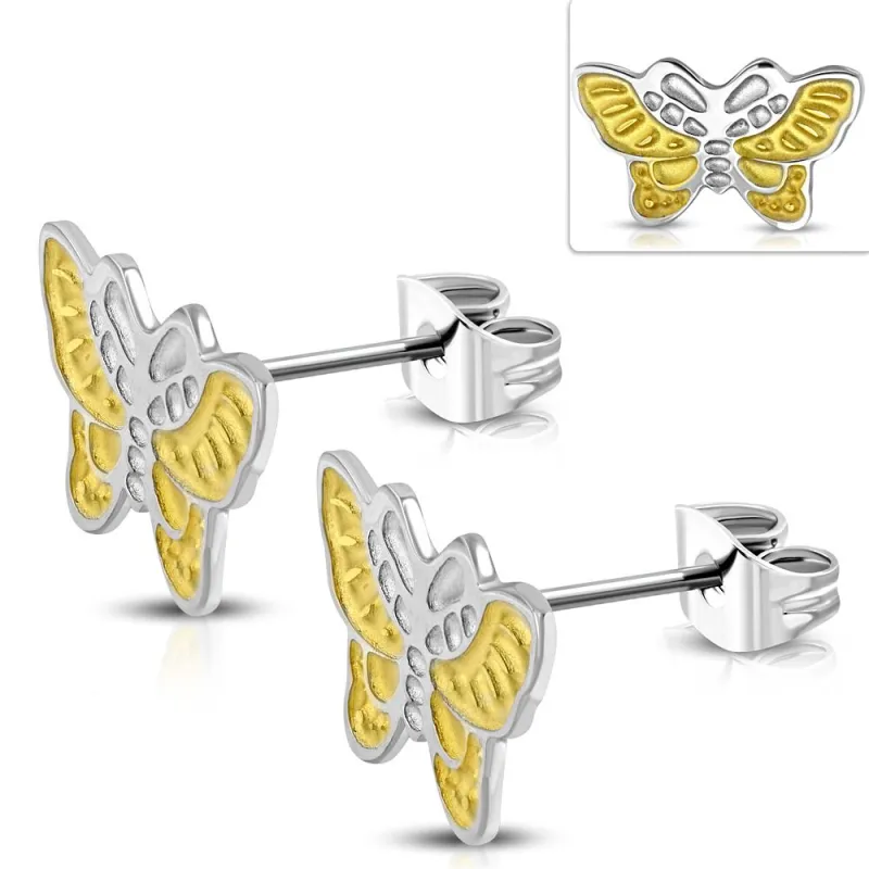 Paire Boucles d'oreille acier inoxydable motif papillon bicolore