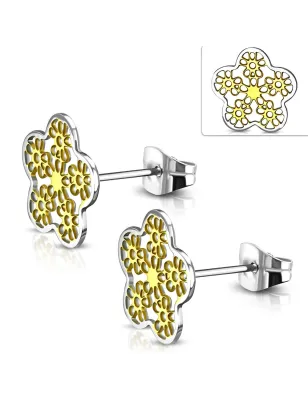 Paire Boucles d'oreille acier inoxydable fleur à découpe bicolore