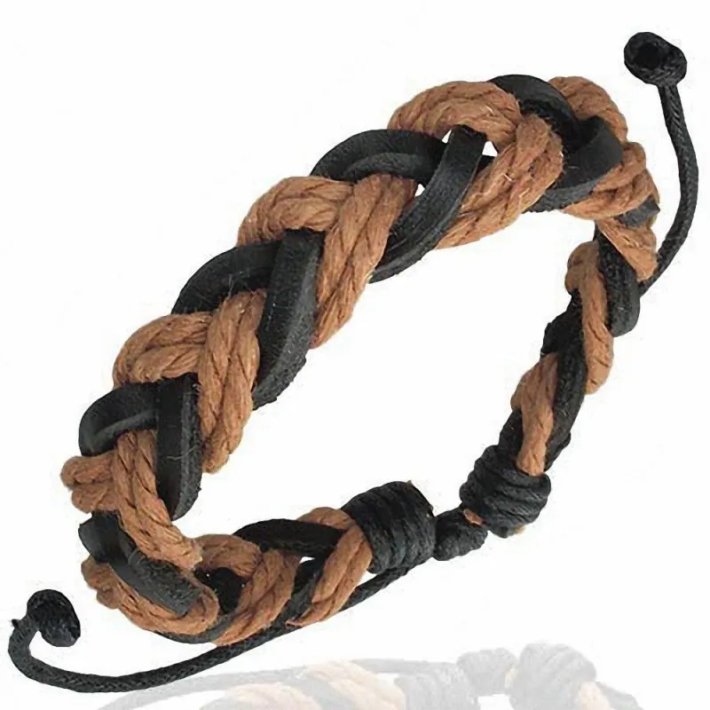 Bracelet en cuir noir tressé avec corde marron 120