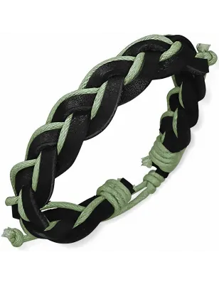 Bracelet en cuir noir tressé avec corde vert anis 139