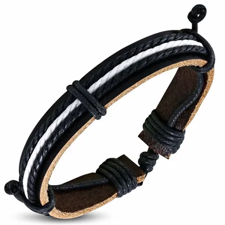 Bracelet en cuir marron avec cordes noir blanc 144