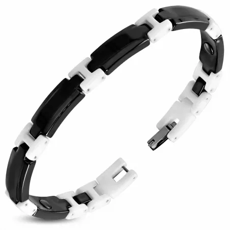 Bracelet magnétique en céramique noire avec petits liens en H blancs