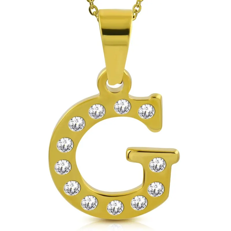 Pendentif en acier doré avec strass lettre G