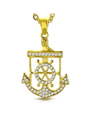 Pendentif en acier doré barre et ancre marine pavé de strass