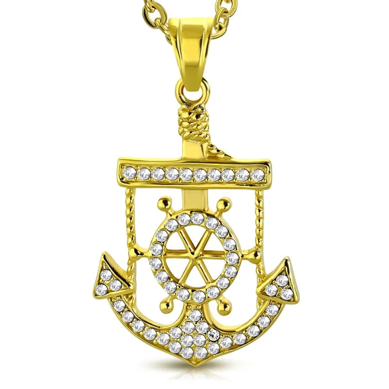 Pendentif en acier doré barre et ancre marine pavé de strass