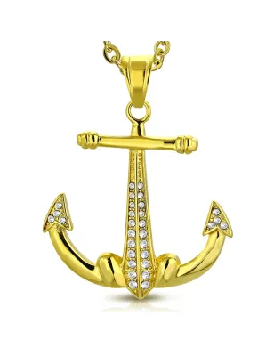 Pendentif en acier doré ancre marine pavée de strass