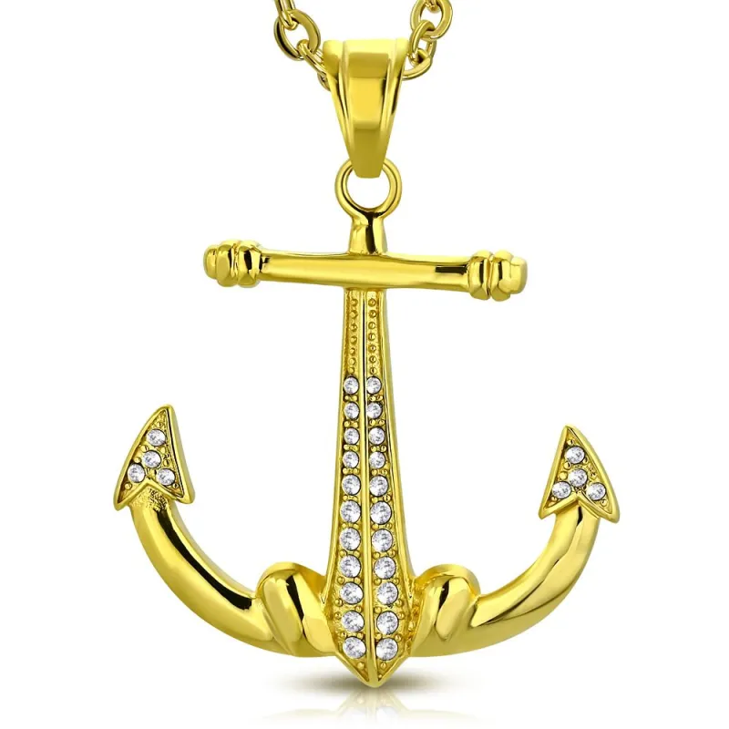 Pendentif en acier doré ancre marine pavée de strass