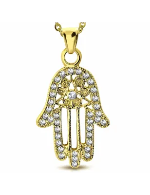 Pendentif en acier doré main de fatma pavée de strass