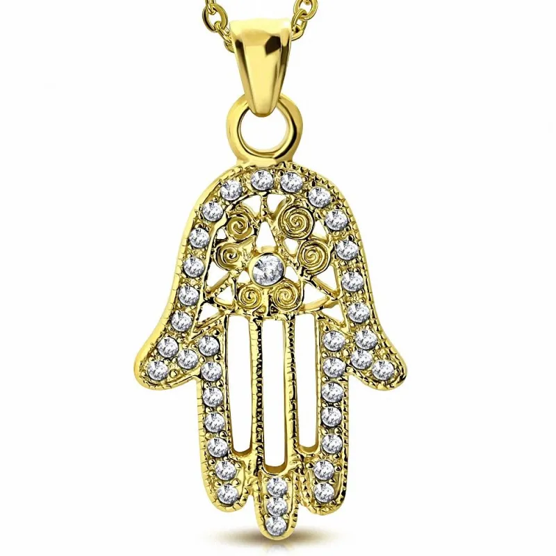 Pendentif en acier doré main de fatma pavée de strass