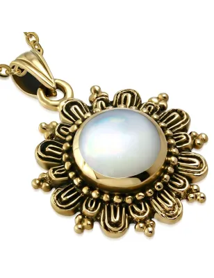 Pendentif en bronze cercle floral avec perle blanche