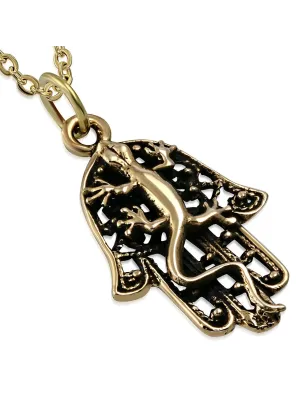 Pendentif en bronze main de fatma avec lézard