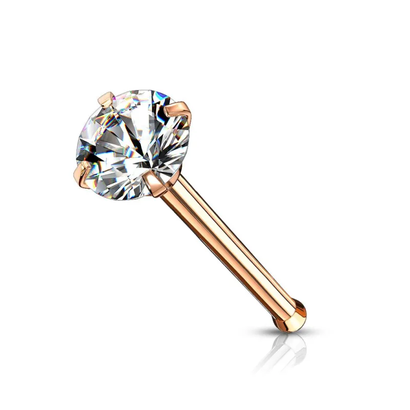 Piercing nez tige droite rosée zircon blanc serti à griffes