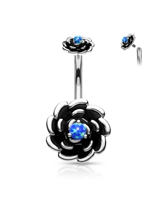 Piercing nombril fleur noire à opale bleue